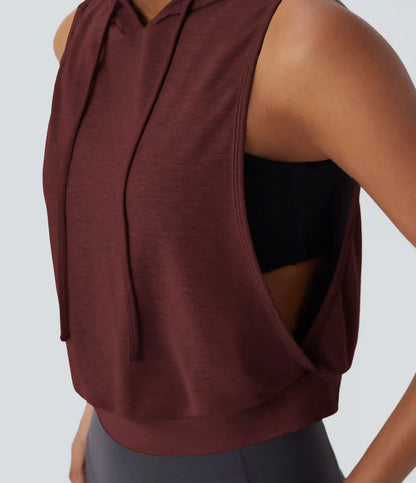 Hooded Drawstring Sleeveless Cropped Running Tank Top