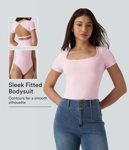 Twisted Backless U-neck Short Sleeve Skinny Casual Bodysuit