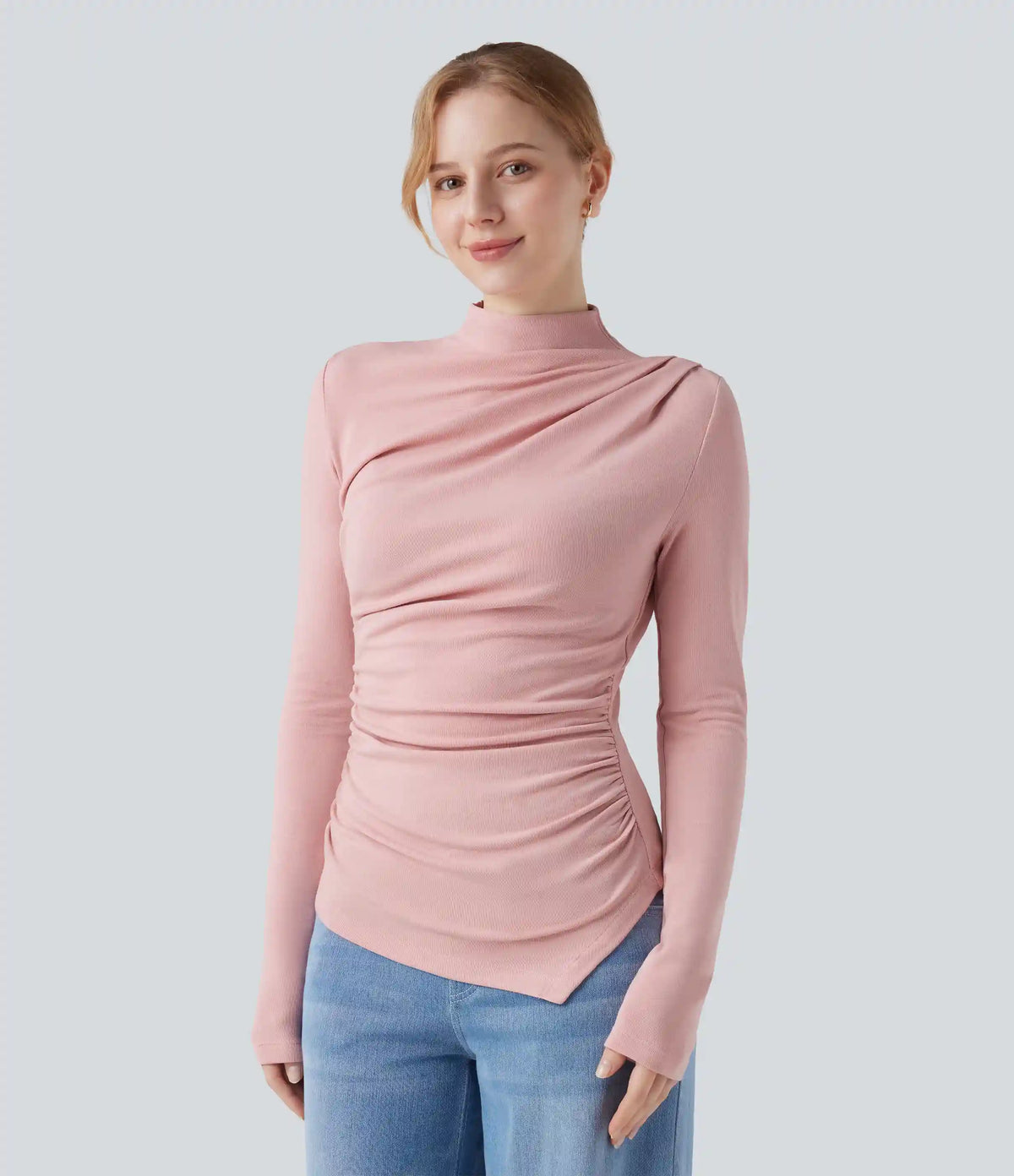 Mock-neck Long Sleeve Ruched Asymmetric Hem Thermal Casual Top