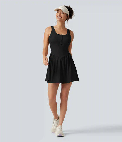 Ribbed Henley Neck Built-in Bra 2-in-1 Mini Tennis Active Tank Dress with Pockets-Easy Peezy Edition