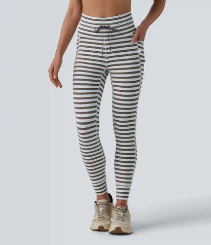 High Waisted Drawstring Stripe Yoga Leggings with Pockets