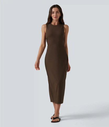 Ribbed Round Neck Sleeveless Built-in Bra Bodycon Midi Casual Dress
