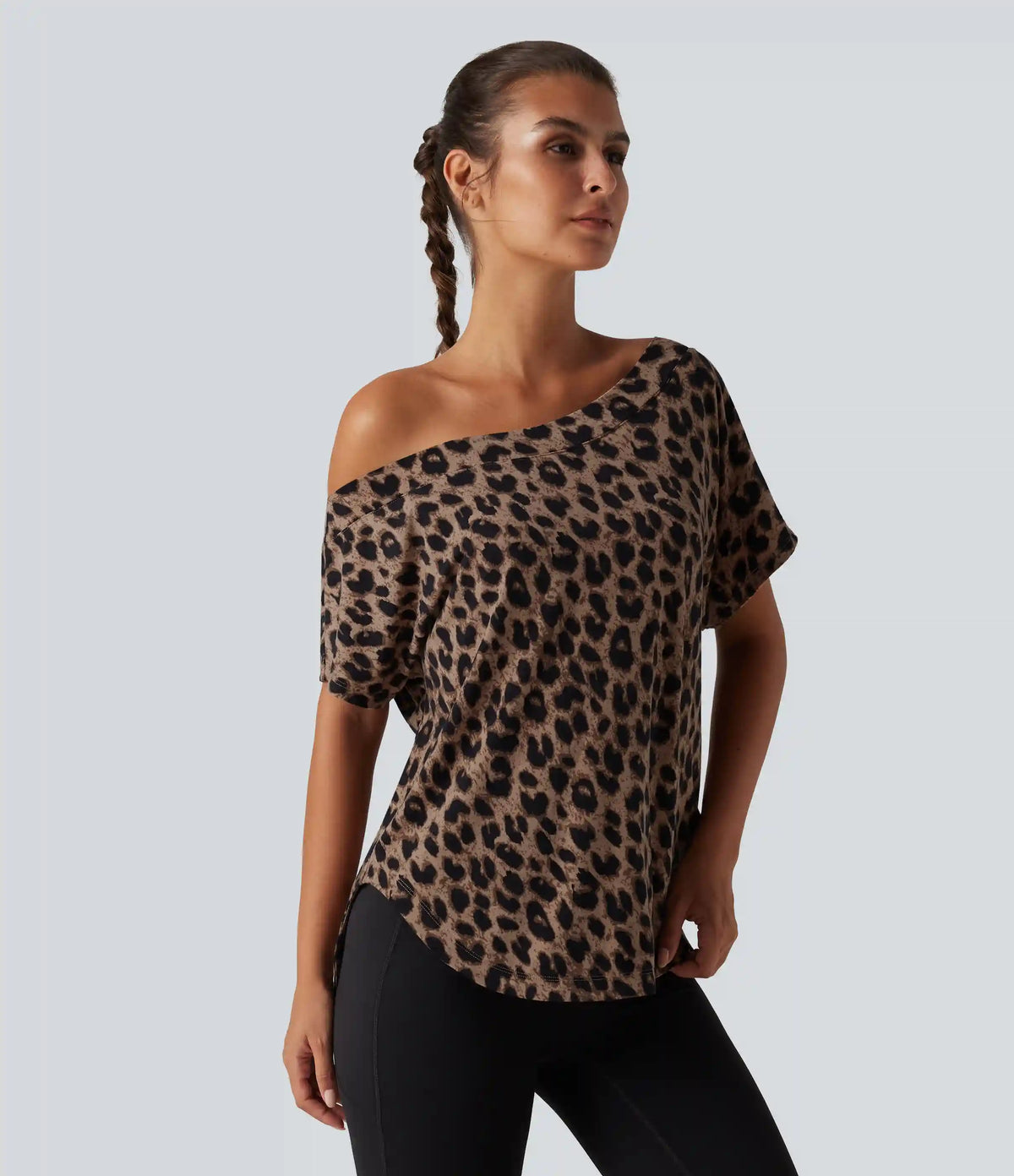 One Shoulder Short Sleeve Leopard Print Built-in Bra Curved Hem High Low Yoga Sports Top
