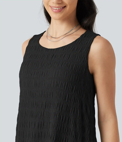 Round Neck Built-in Bra Sleeveless Ruffle Hem Mini Casual Dress DD-F Cups