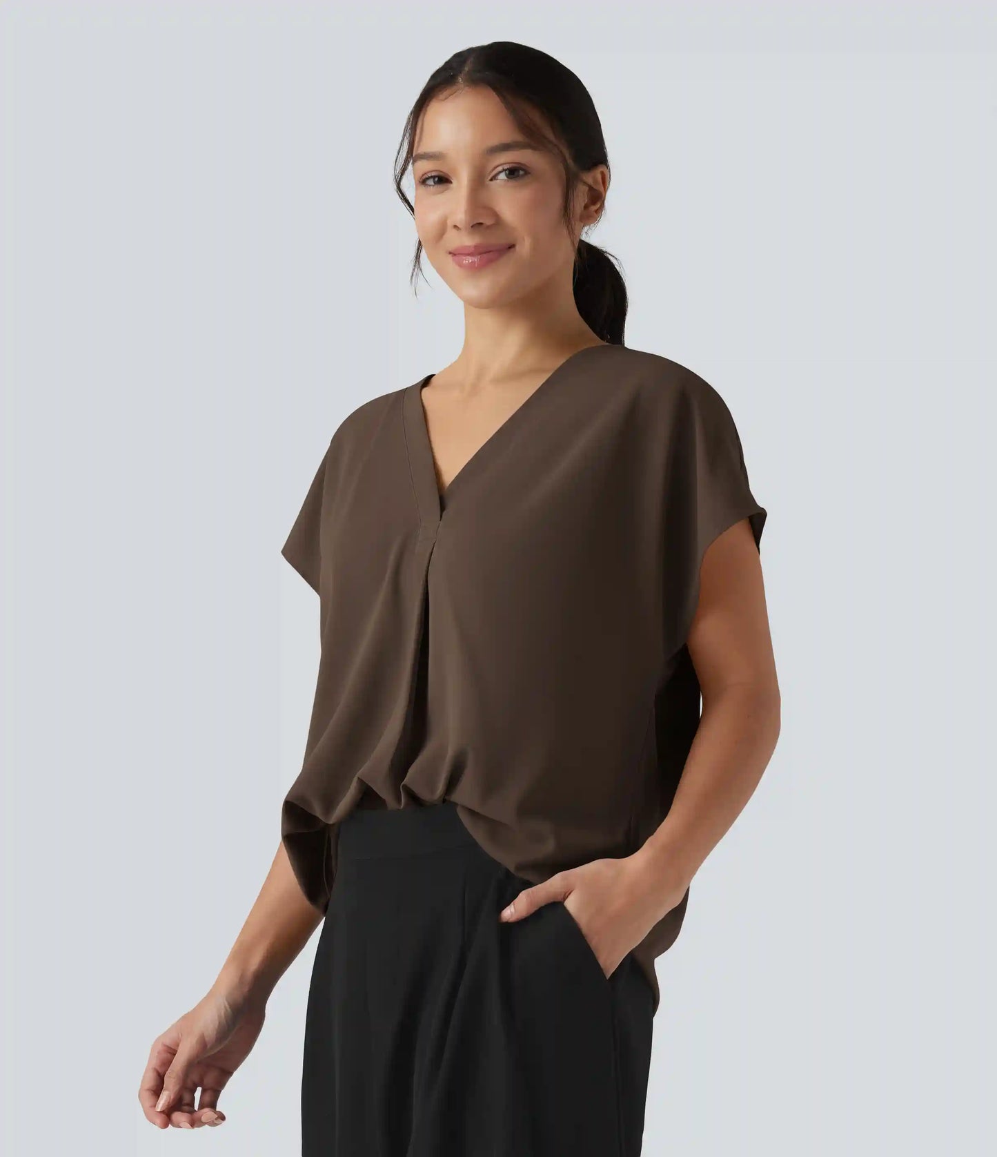 Wrinkle Recovery V-neck Short Sleeve Oversized Work Blouse