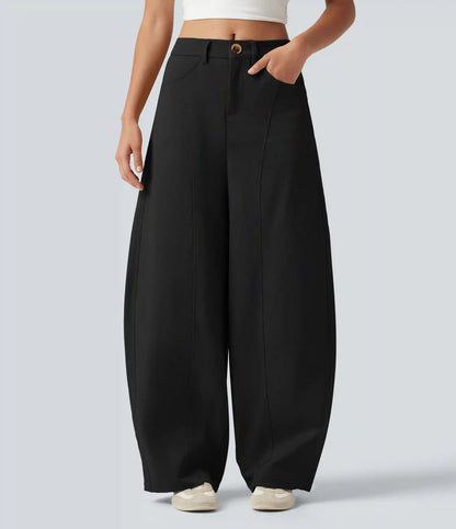 Mid Rise Casual Barrel Leg Pants with Pockets