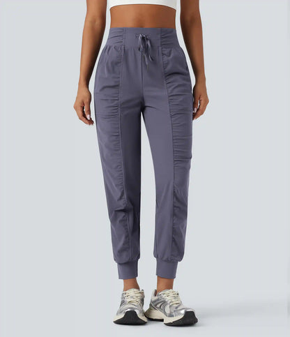 High Waisted Drawstring Ruched Tapered Quick Dry Cool Touch Dance Joggers with Pockets-UPF40+