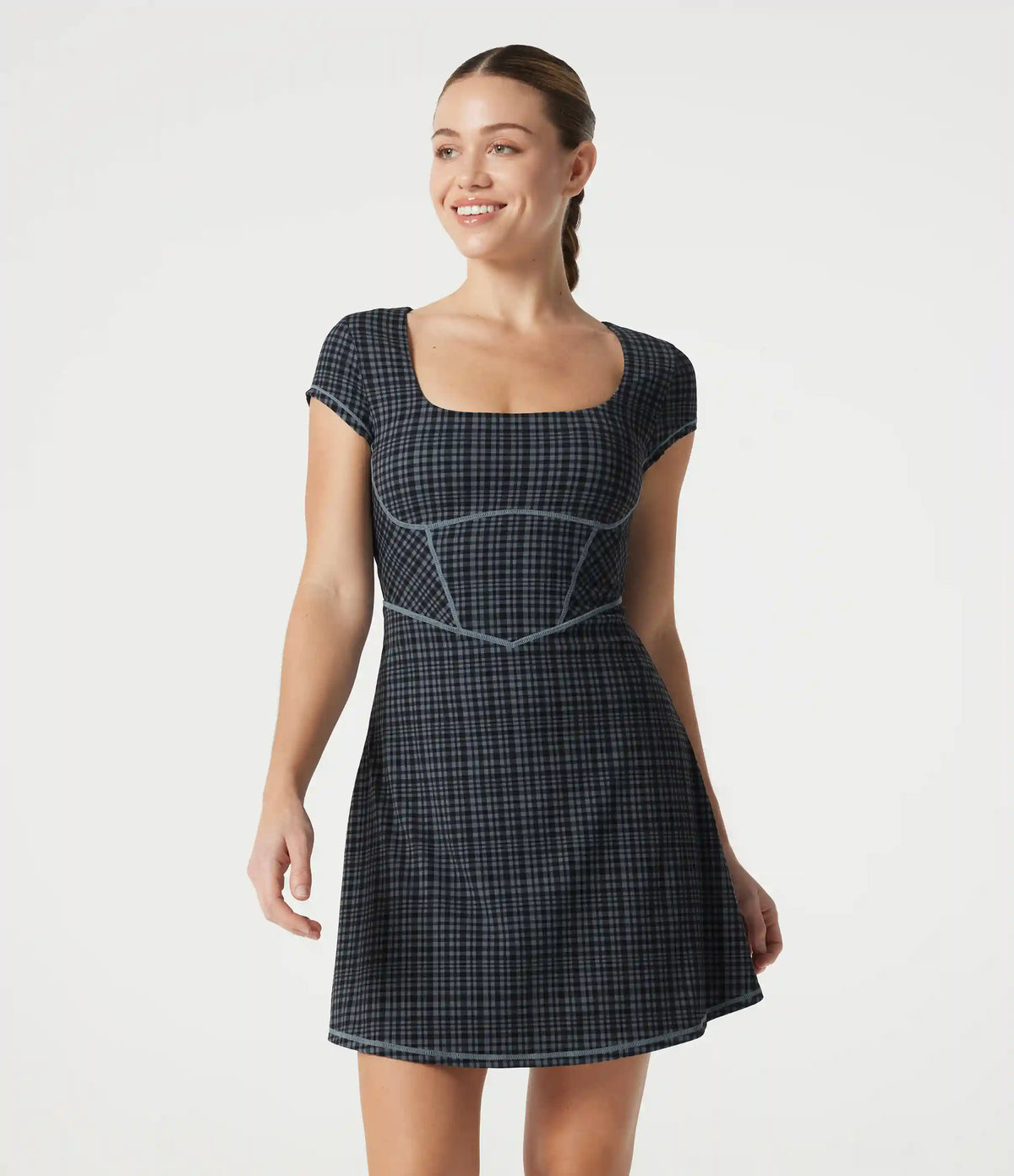 Halara UltraSculpt™ Check Plaid Print Square Neck Corset 2-in-1 Built-in Bra Mini Casual Dress with Pockets-Easy Peezy