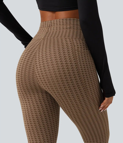 High Waisted Drawstring Houndstooth Yoga Leggings with Pockets