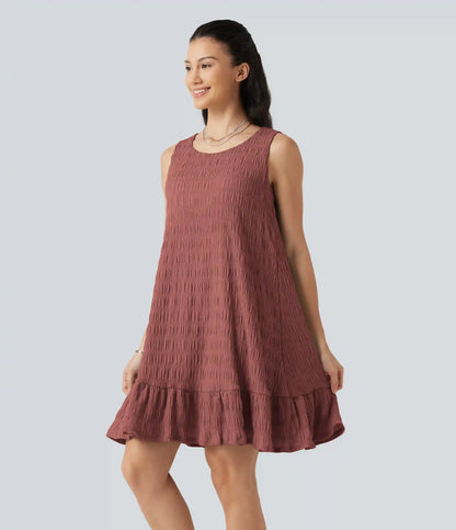 Round Neck Built-in Bra Sleeveless Ruffle Hem Mini Casual Dress DD-F Cups