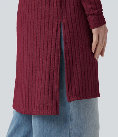 Ribbed Knit Long Sleeve Split Casual Cardigan