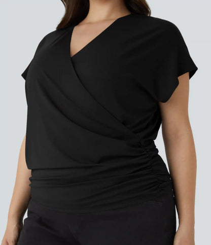 V Neck Cap Sleeve Crossover Ruched Solid Work Plus Size Blouse