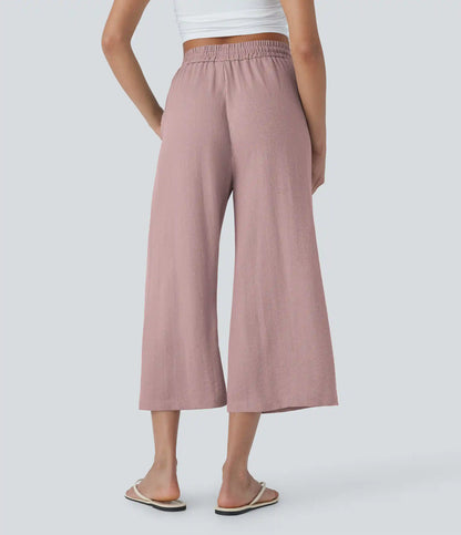 High Waisted Drawstring Wide Leg Cropped Casual Linen-Feel Pants with Pockets