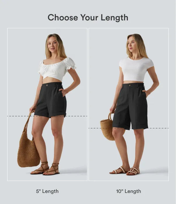 High Waisted Rolled Hem Linen-Feel Resort Shorts 5'' with Pockets