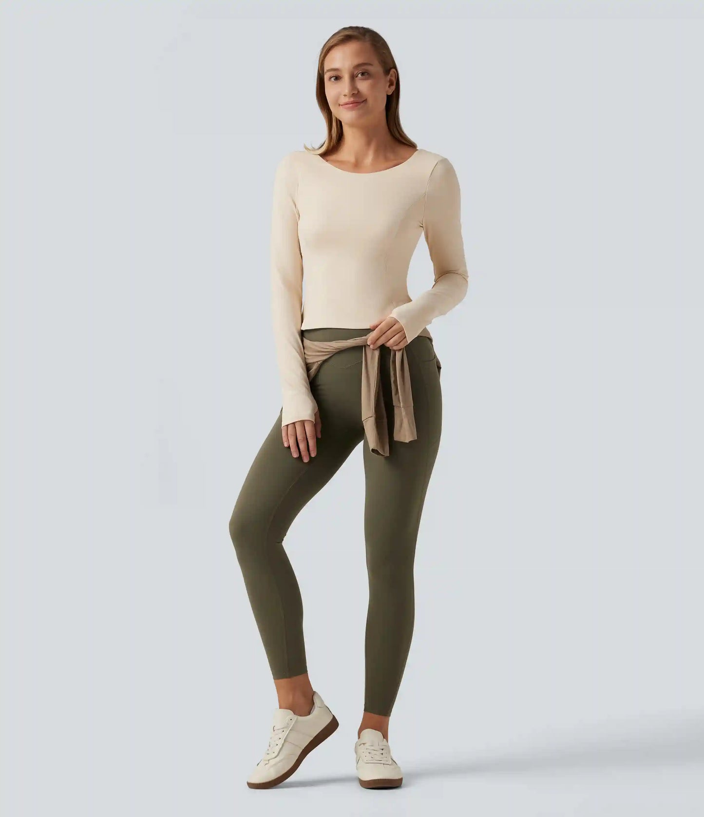 SoftlyZero™ Plush Round Neck Thumb Hole Long Sleeve Yoga Sports Top with Built-in Bra