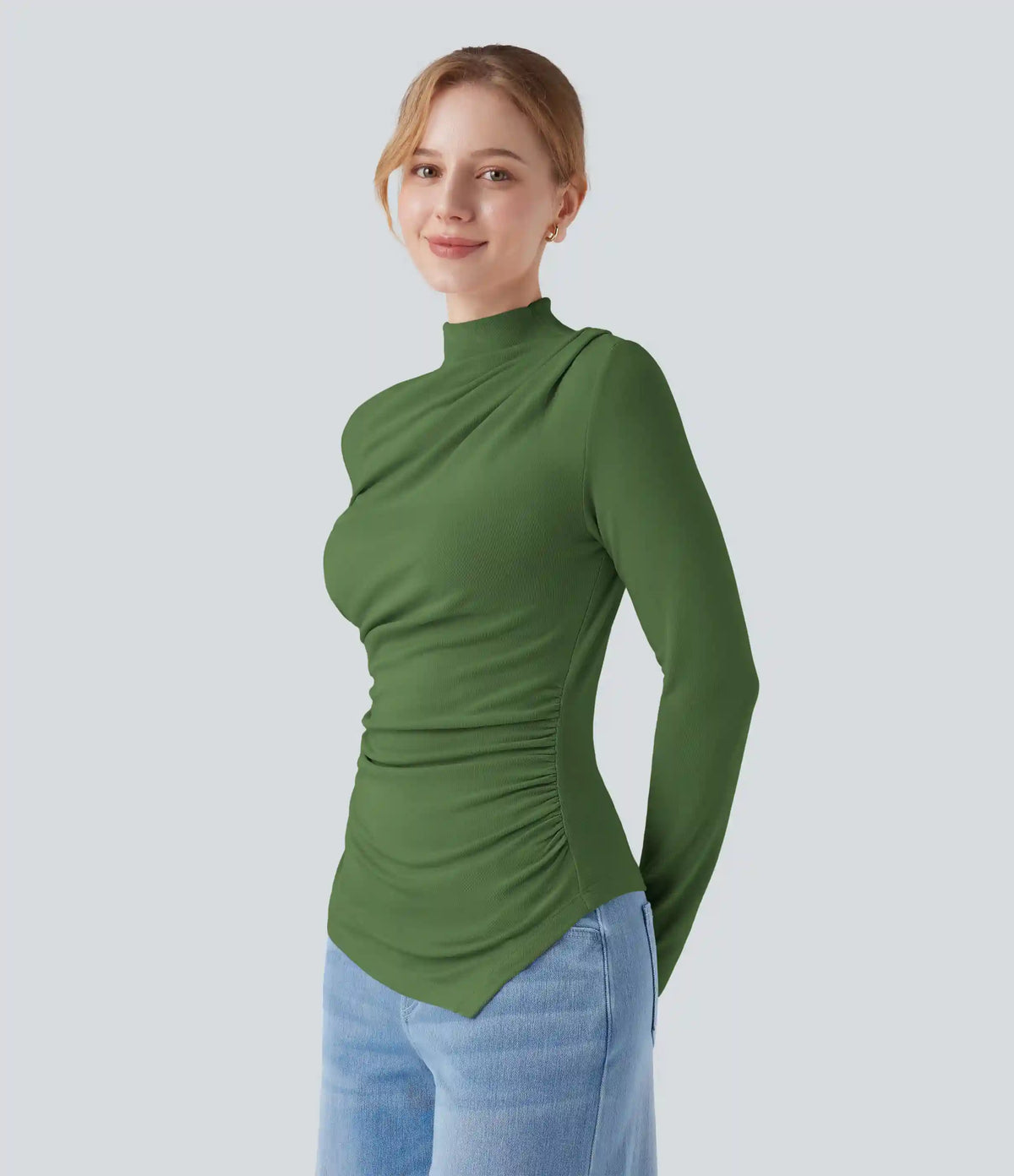 Mock-neck Long Sleeve Ruched Asymmetric Hem Thermal Casual Top