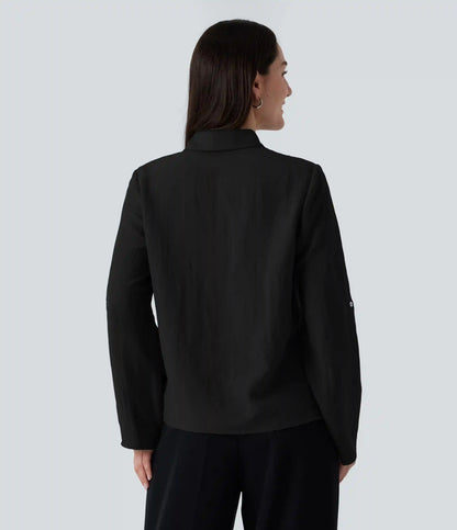 V Neck Long Sleeve Linen-Feel Work Tie Blouse