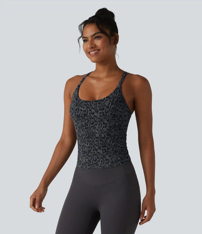Halara UltraSculpt™ Leopard Print Scoop Neck Built-in Bra Crossover Hem Yoga Tank Top