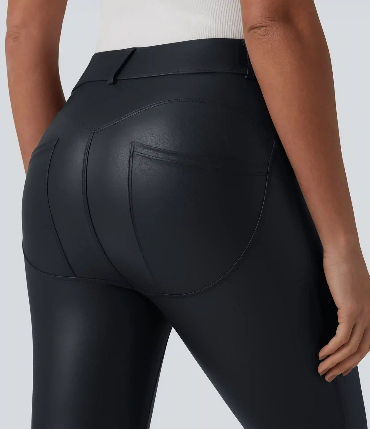 High Waisted Stretchy PU Casual 7/8 Leggings with Pockets