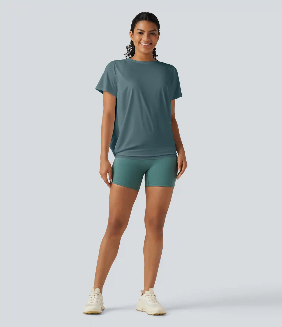Round Neck Short Sleeve Ruched InstantCool Yoga Sports Top-Longer Length-UPF50+