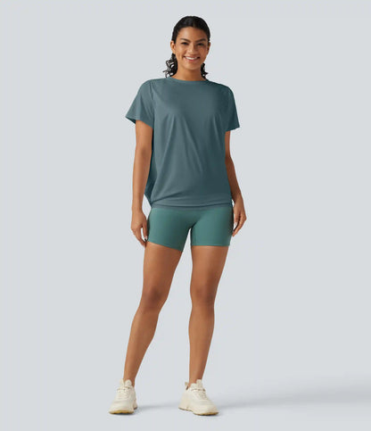 Round Neck Short Sleeve Ruched InstantCool Yoga Sports Top-Longer Length-UPF50+