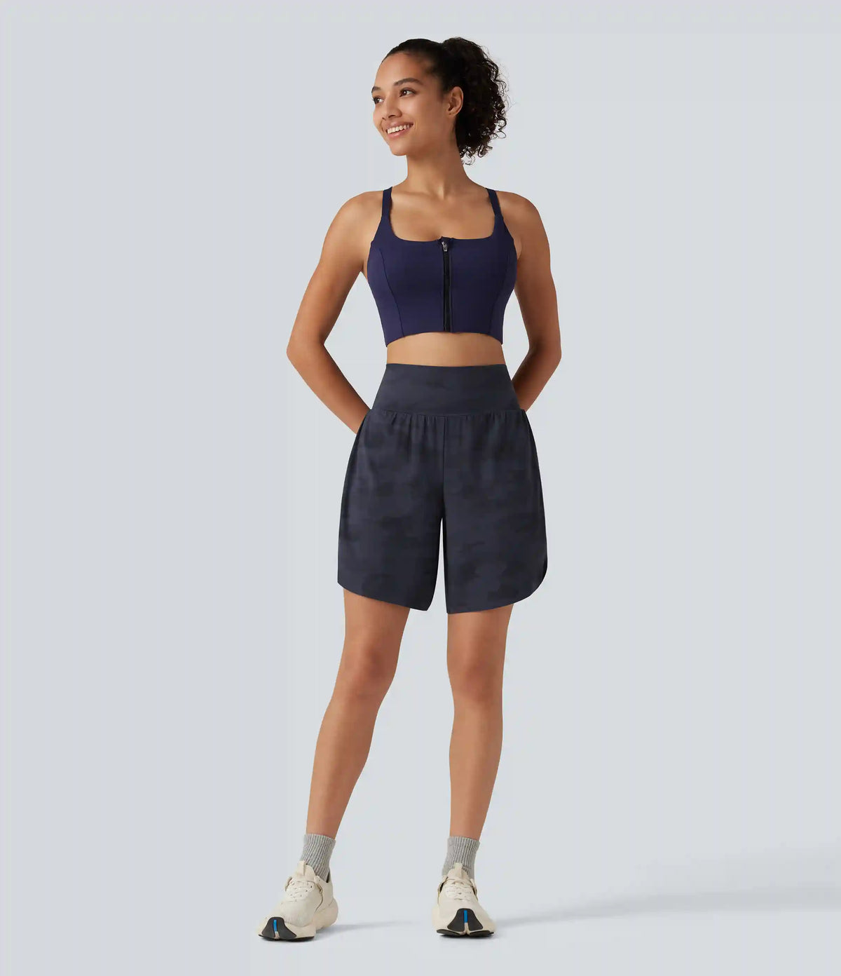 Halara UltraSculpt™ Camo Print High Waisted Tummy Control Curved Hem Running Shorts 7" with Pocket