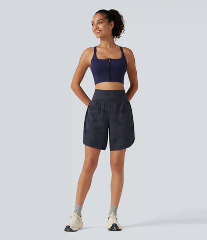 Halara UltraSculpt™ Camo Print High Waisted Tummy Control Curved Hem Running Shorts 7" with Pocket