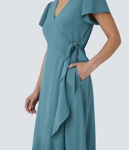 Breezeful™ V Neck Short Sleeve Wrapped Tie Pocket Ruffle Flowy Quick Dry Midi Casual Dress