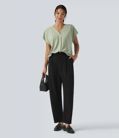 Wrinkle Recovery V-neck Short Sleeve Oversized Work Blouse