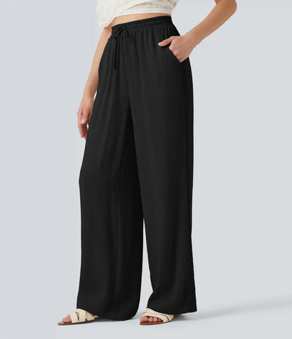 High Waisted Drawstring Casual Linen-Feel Pants with Pockets