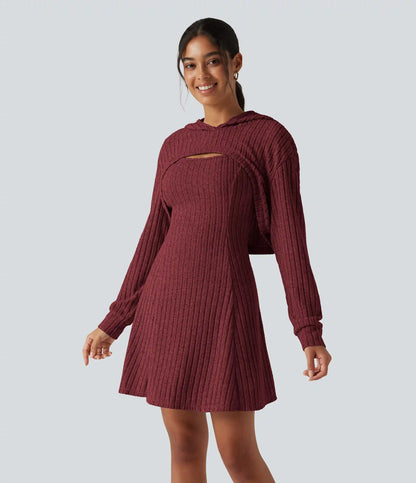 Ribbed Knit Hooded Long Sleeve 2-Piece Mini Casual Dress