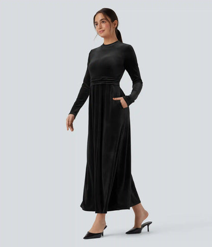 Mock-neck Long Sleeve Maxi Casual Velvet Dress with Pockets