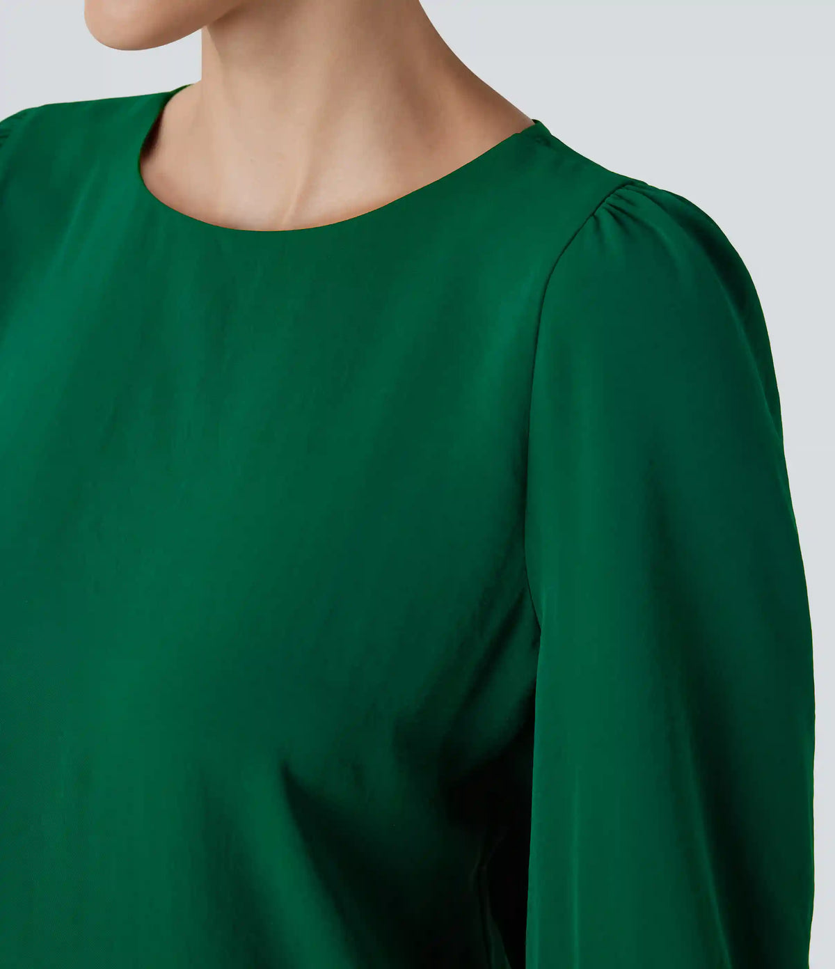 Boat Neck Keyhole Back Bishop Sleeve Work Linen-Feel Blouse