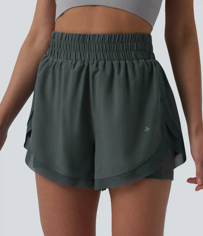 High Waisted Contrast Mesh 2-in-1 Running Shorts with Pockets