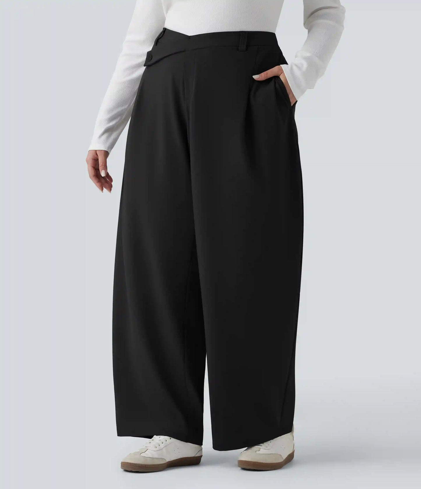 Plus Size Halara Flex™ DayStretch Asymmetric High Waisted Barrel Leg Work Pants with Pockets
