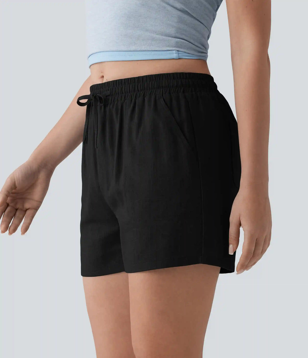 Mid Rise Drawstring Casual Linen Shorts with Pockets