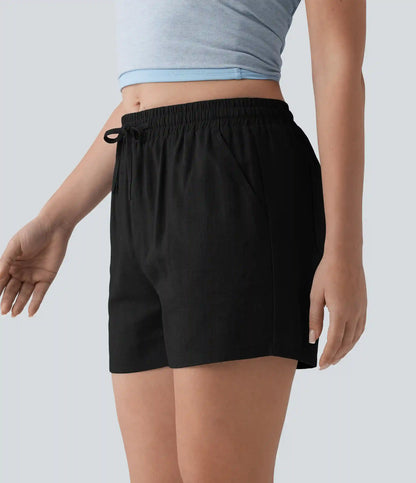 Mid Rise Drawstring Casual Linen Shorts with Pockets
