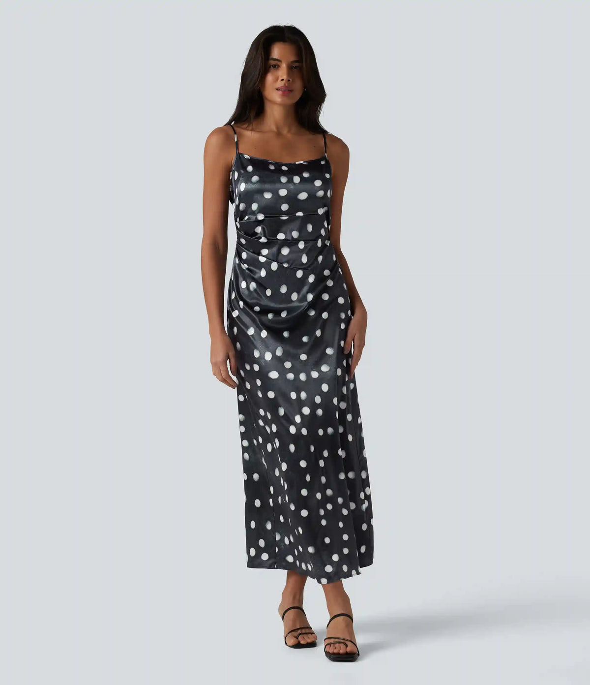Invisible Zipper Ruched Tie-back Polka Dot Satin Maxi Bridesmaid And Wedding Guest Slip Dress