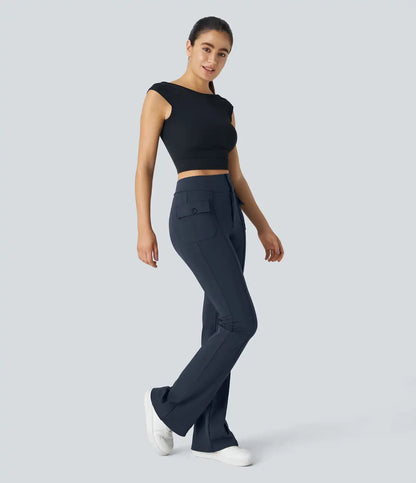 High Waisted Side Flap Pocket Flare Casual Cargo Pants