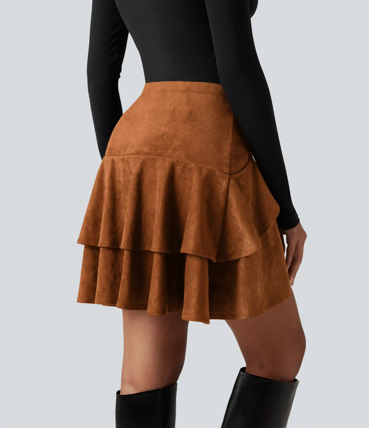 High Waisted Tiered Ruffle Hem 2-in-1 Longer Mini Suede Casual Skirt with Pocket