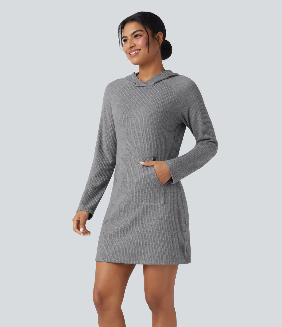 Ribbed Knit Hooded Long Sleeve Mini Hiking Active Dress with Pocket