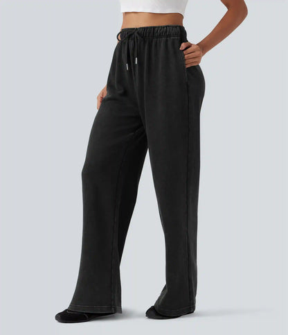 High Waisted Drawstring Washed French Terry Casual Cotton Pants with Pockets