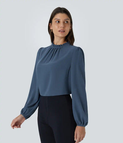 Frill Round Neck Keyhole Back Long Sleeve Work Blouse