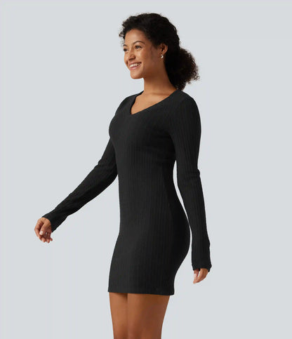 V Neck Long Sleeve Bodycon Mini Casual Dress
