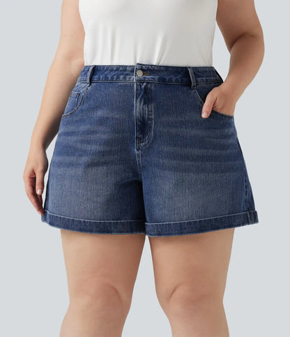Plus Size Halara Flex™ Mid Rise Rolled Hem Denim Casual Shorts 5'' with Pockets