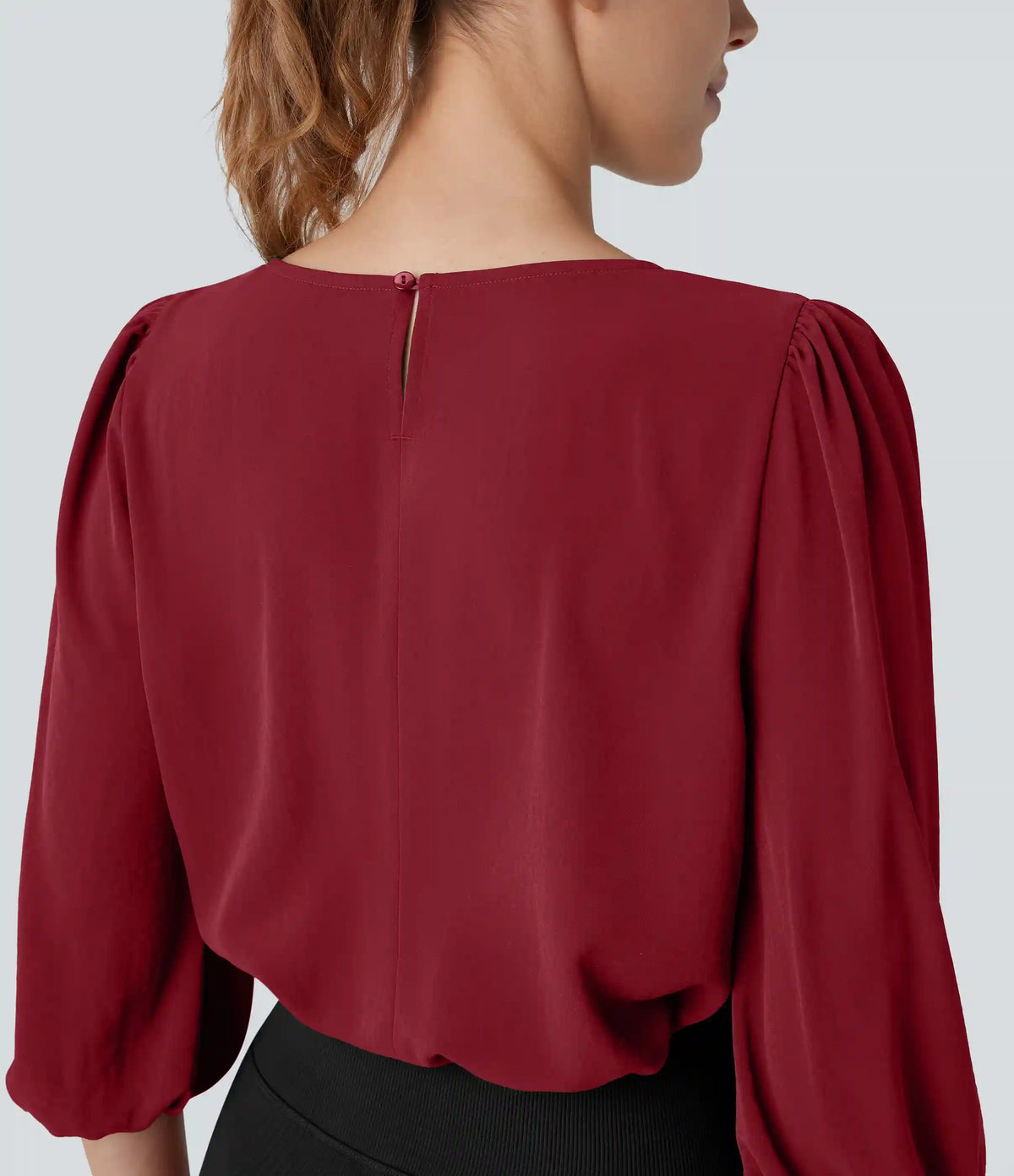 Boat Neck Keyhole Back Bishop Sleeve Work Linen-Feel Blouse