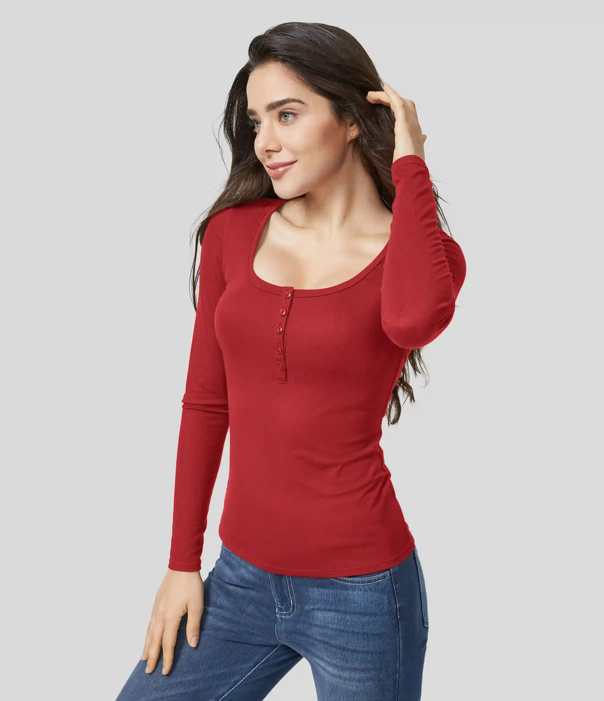 Ribbed Henley Neck Long Sleeve Slim Casual T-Shirt