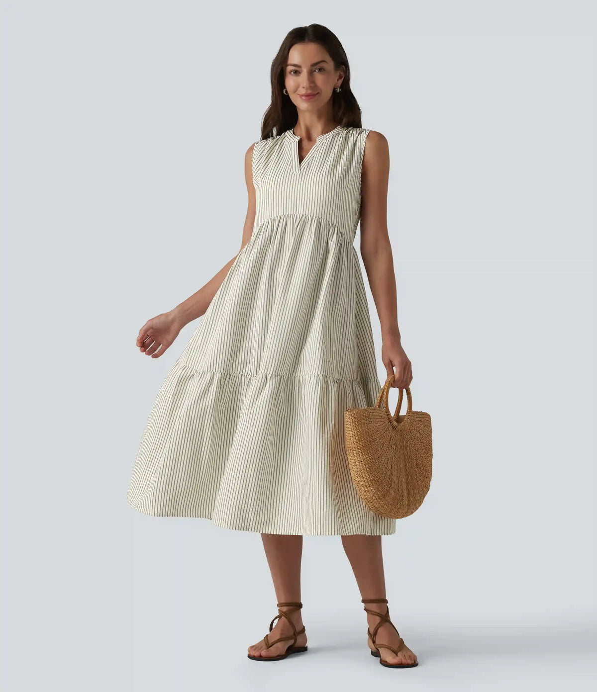 V Neck Built-in Bra Sleeveless Stripe Midi Dress