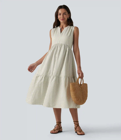 V Neck Built-in Bra Sleeveless Stripe Midi Dress