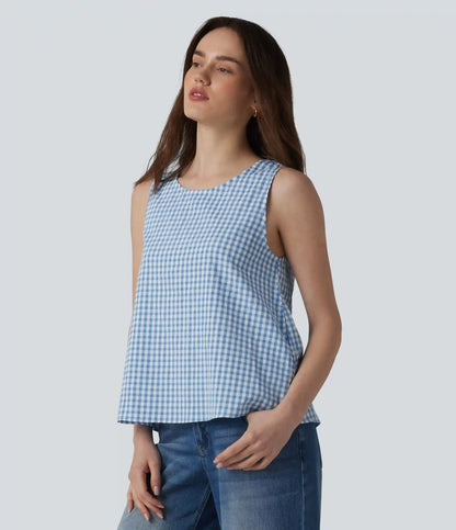 Round Neck Crinkle Gingham Casual Tank Top with Pockets